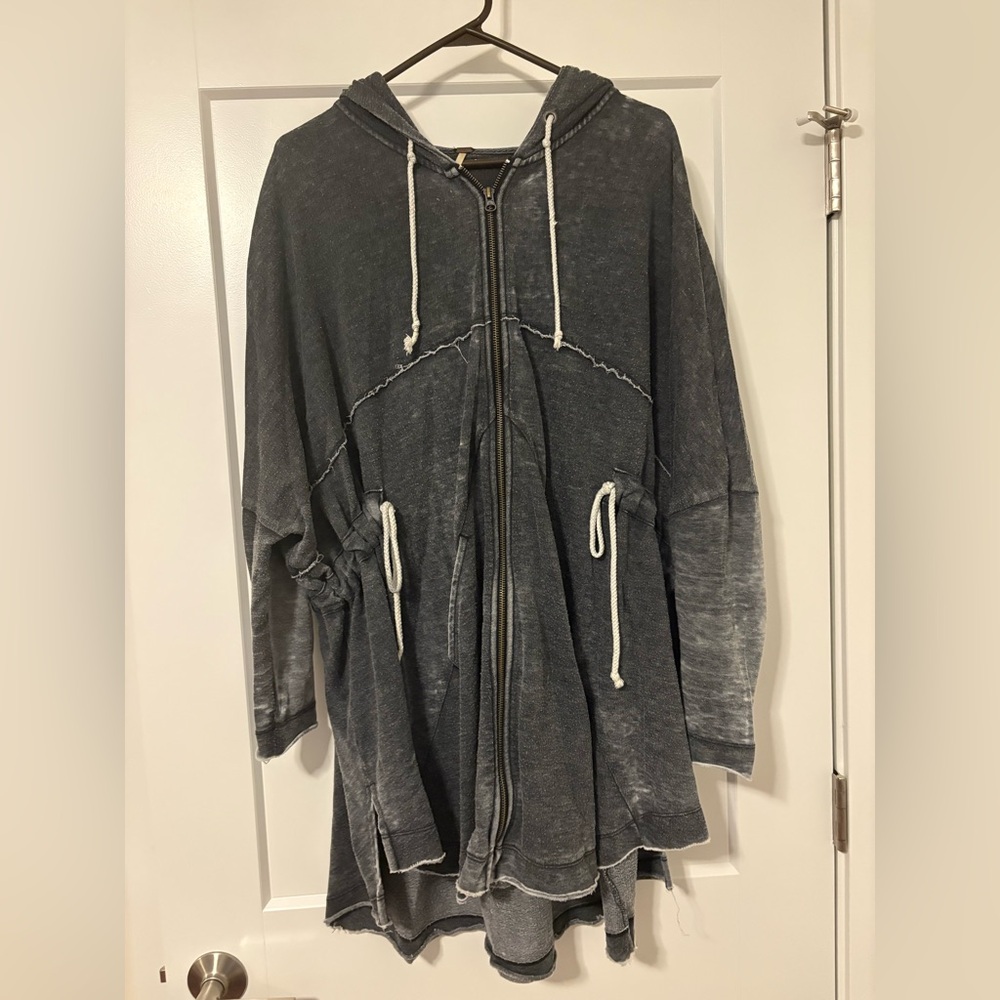 Free People Gray Hooded Zip-Up Jacket